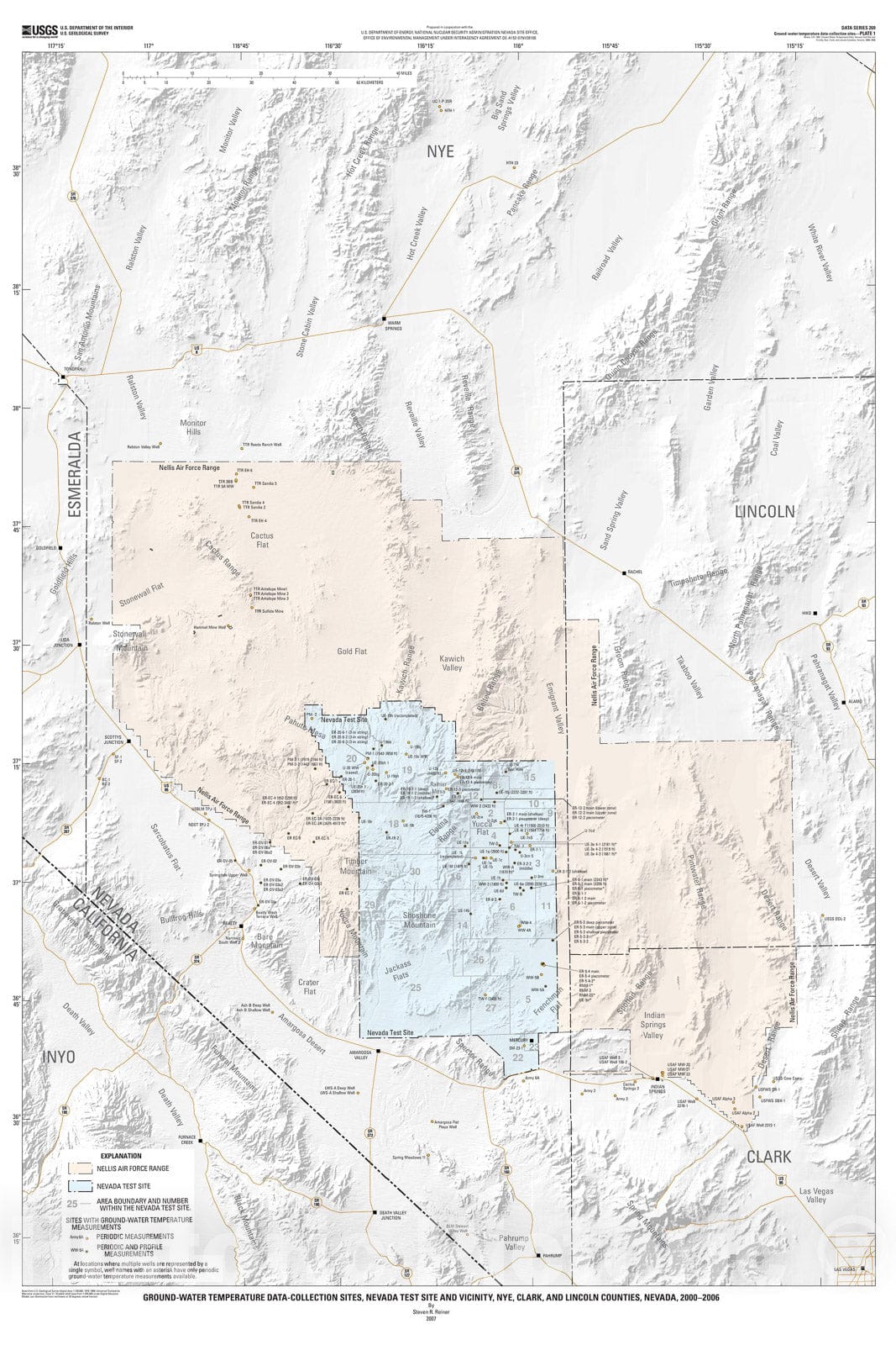 Map : Ground-water temperature data, Nevada Test Site and vicinity, Nye, Clark, and Lincoln Counties, Nevada, 2000-2006, 2007 Cartography Wall Art :