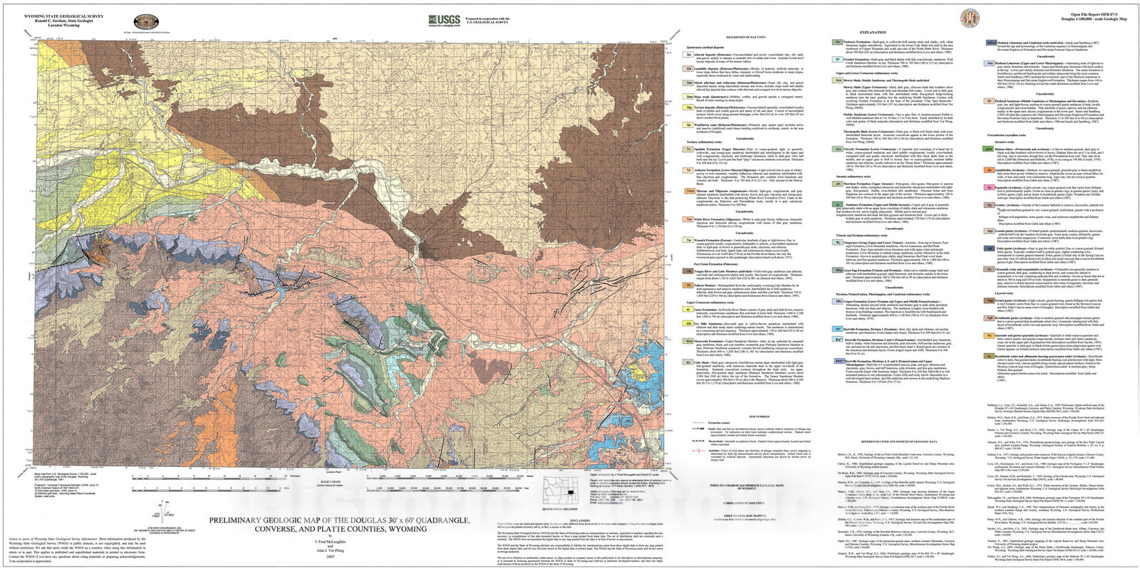 Map : Preliminary geologic map of the Douglas 30' x 60' quadrangle, Converse and Platte Counties, Wyoming, 2007 Cartography Wall Art :