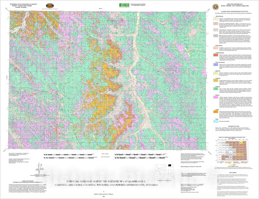 Map : Surficial geologic map of the Recluse 30' x 60' Quadrangle, Campbell and Crook Counties, Wyoming and Powder River County, Montana, 2007 Cartography Wall Art :