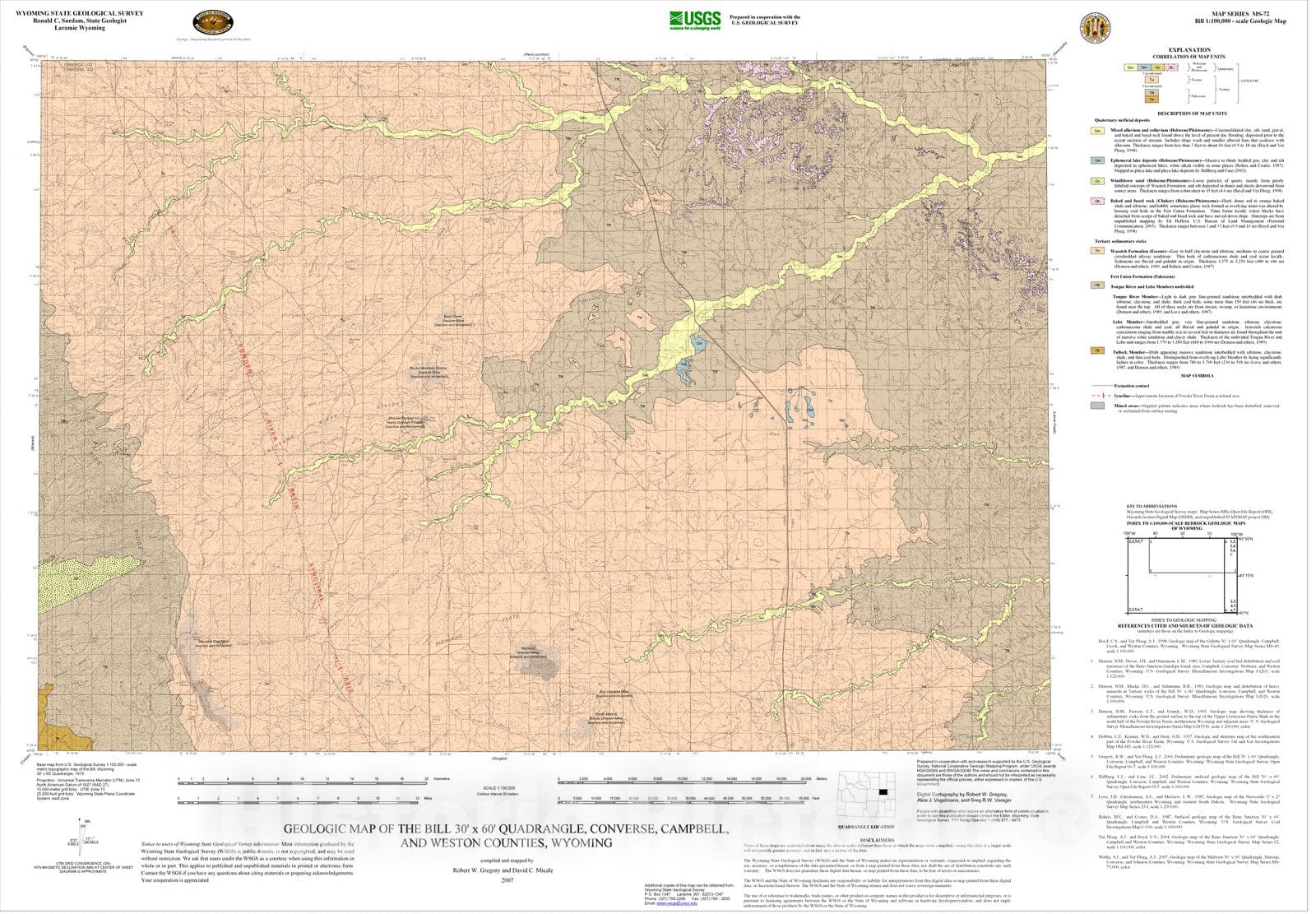Map : Geologic map of the Bill 30' x 60' quadrangle, Converse, Campbell, and  Weston Counties, 2007 Cartography Wall Art :