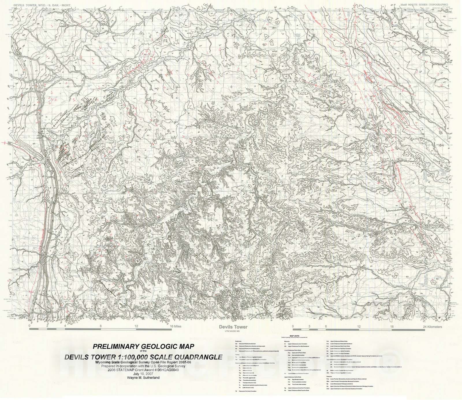 Map : Preliminary geologic map of the Devil's Tower 30' x 60' quadrangle, Wyoming, 2007 Cartography Wall Art :