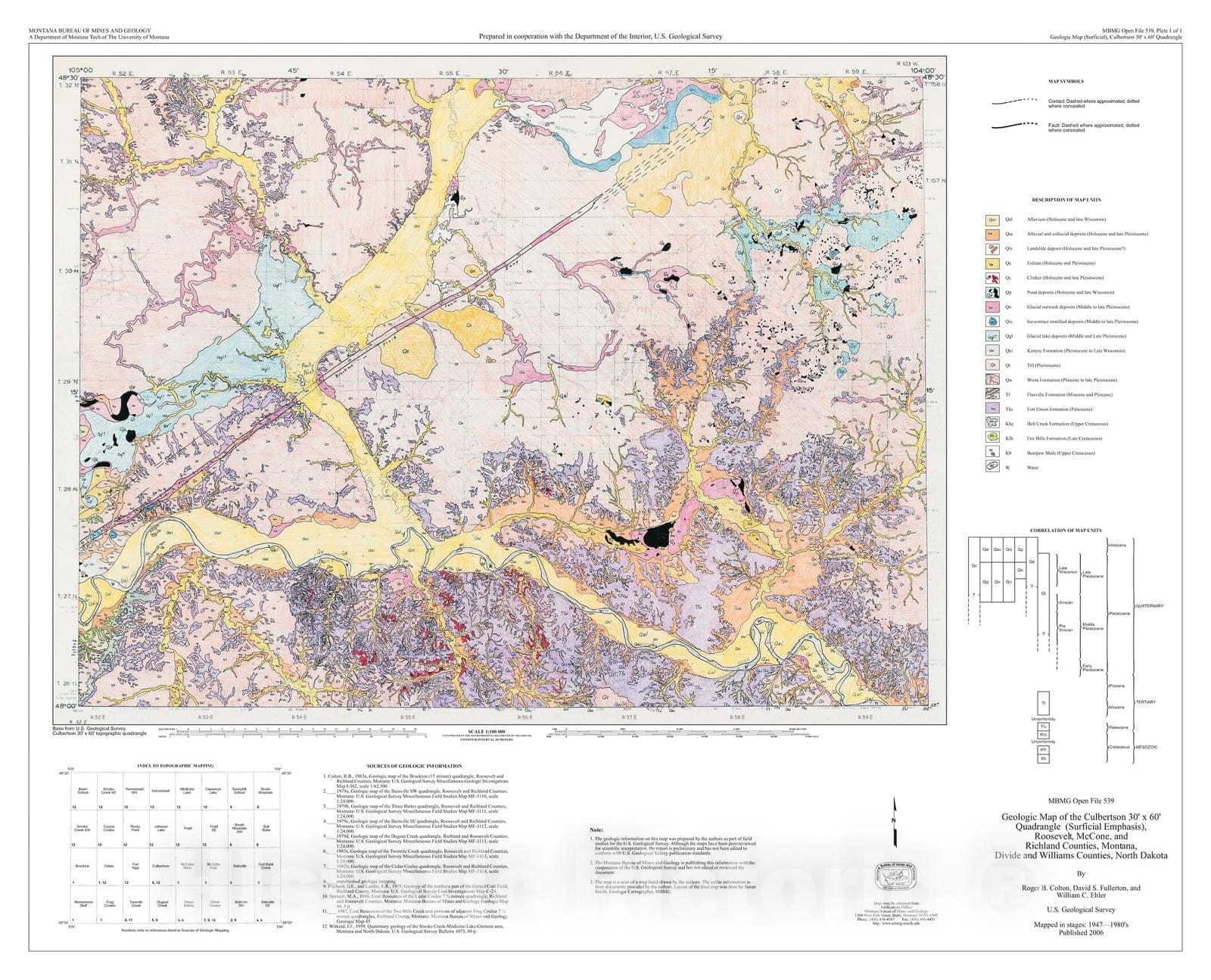 Map : Geologic map of the Culbertson 30' x 60' quadrangle, (surficial emphasis), Roosevelt, McCone, and Richland counties, Montana, 2006 Cartography Wall Art :