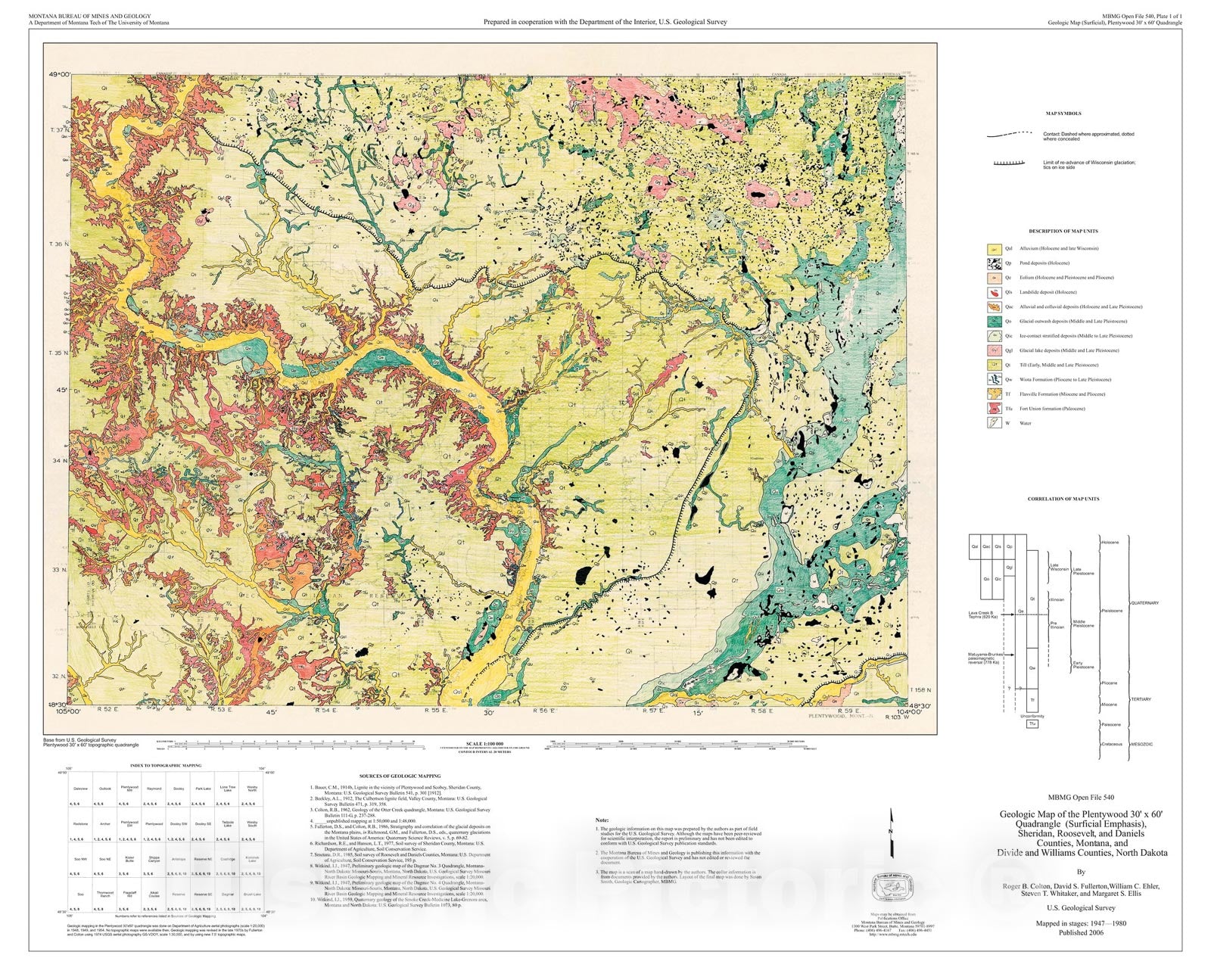 Map : Geologic map of the Plentywood 30' x 60' quadrangle, (surficial emphasis), Sheridan, Roosevelt, and Daniels counties, Montana, and, 2006 Cartography Wall Art :