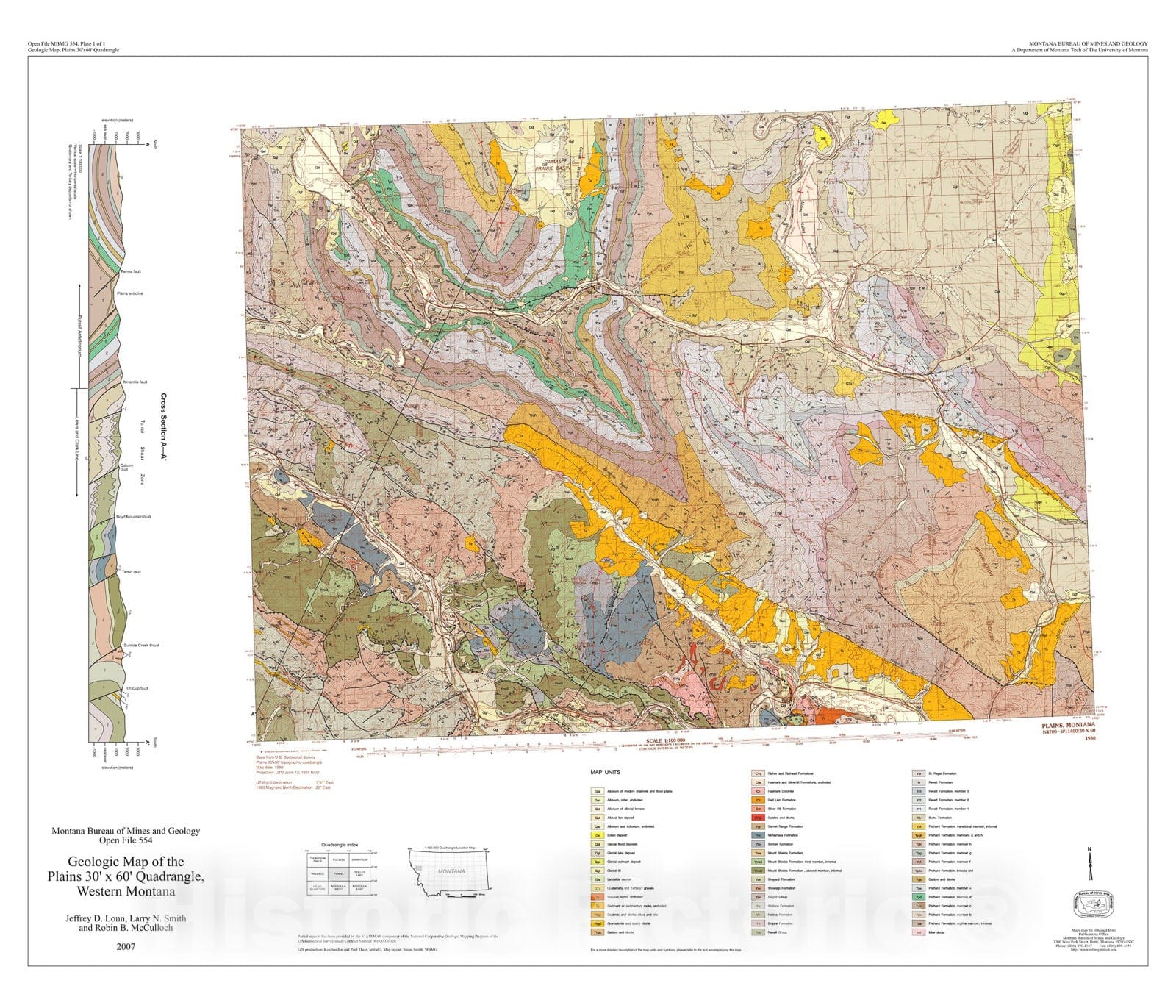 Map : Geologic map of the Plains 30' x 60' quadrangle, western Montana, 2007 Cartography Wall Art :