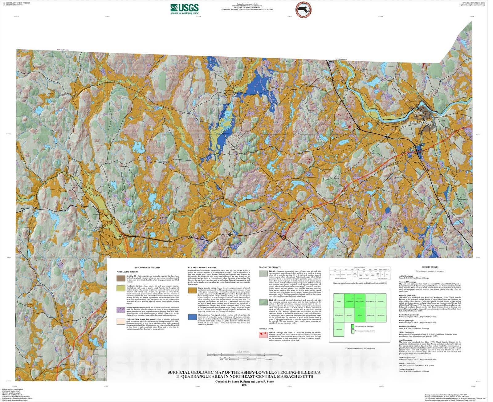 Map : Surficial geologic map of the Ashby-Lowell-Sterling-Billerica 11-quadrangle area in northeast-central Massachusetts, 2007 Cartography Wall Art :