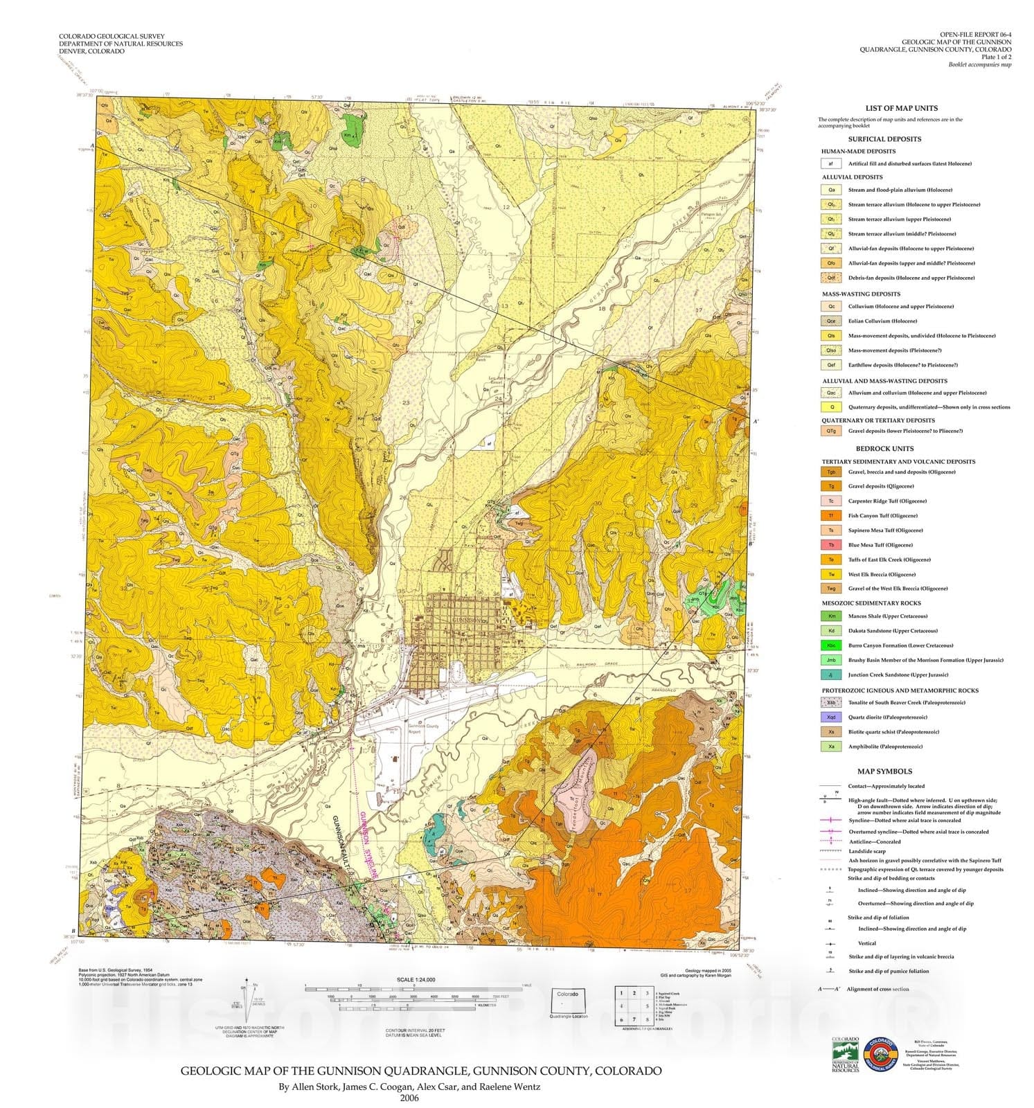 Map : Geologic Map of the Gunnison Quadrangle, Gunnison County, Colorado, 2006 Cartography Wall Art :