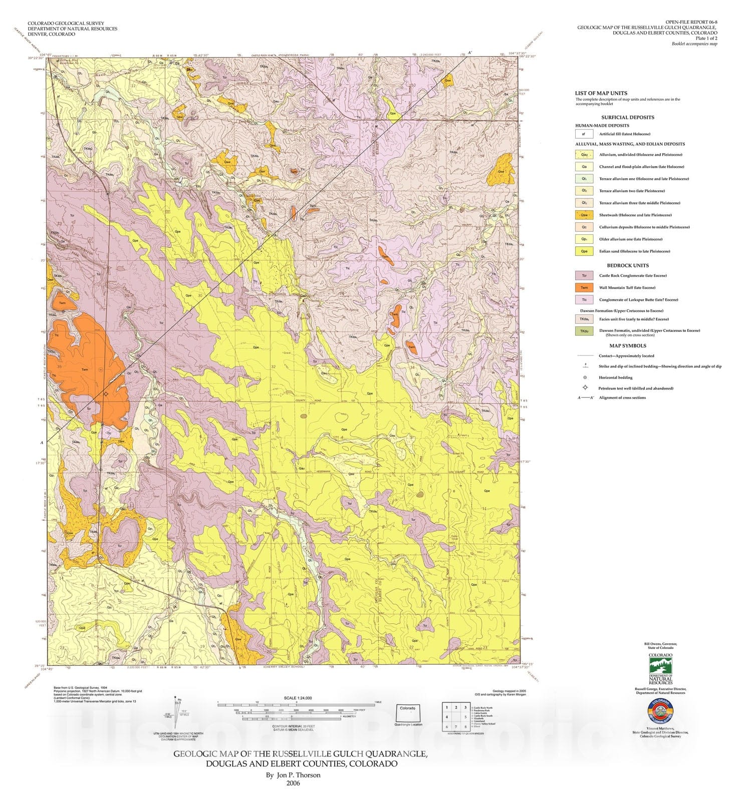 Map : Geologic Map of the Russellville Gulch Quadrangle, Douglas and Elbert County, Colorado, 2006 Cartography Wall Art :
