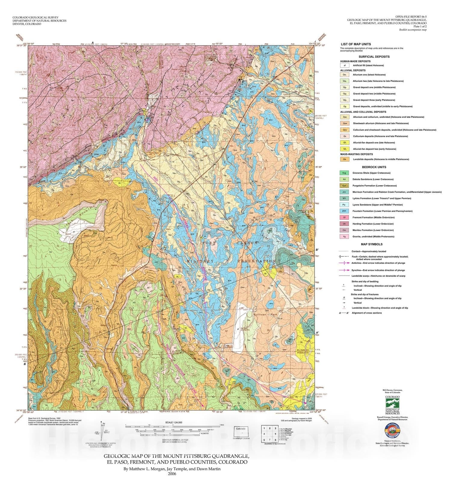 Map : Geologic Map of the Mount Pittsburg Quadrangle, El Paso, Pueblo, and Fremont Counties, Colorado, 2006 Cartography Wall Art :