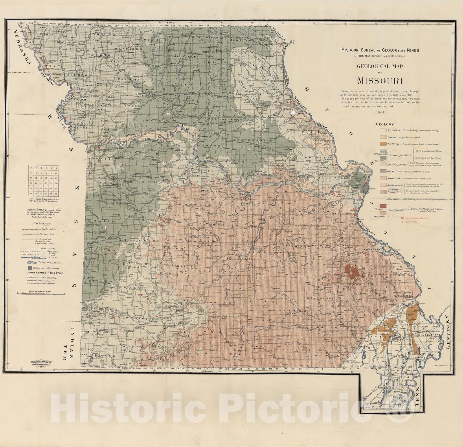 Map : Geological map of Missouri showing the location of portland cement factories and lime kilns, 1907 Cartography Wall Art :