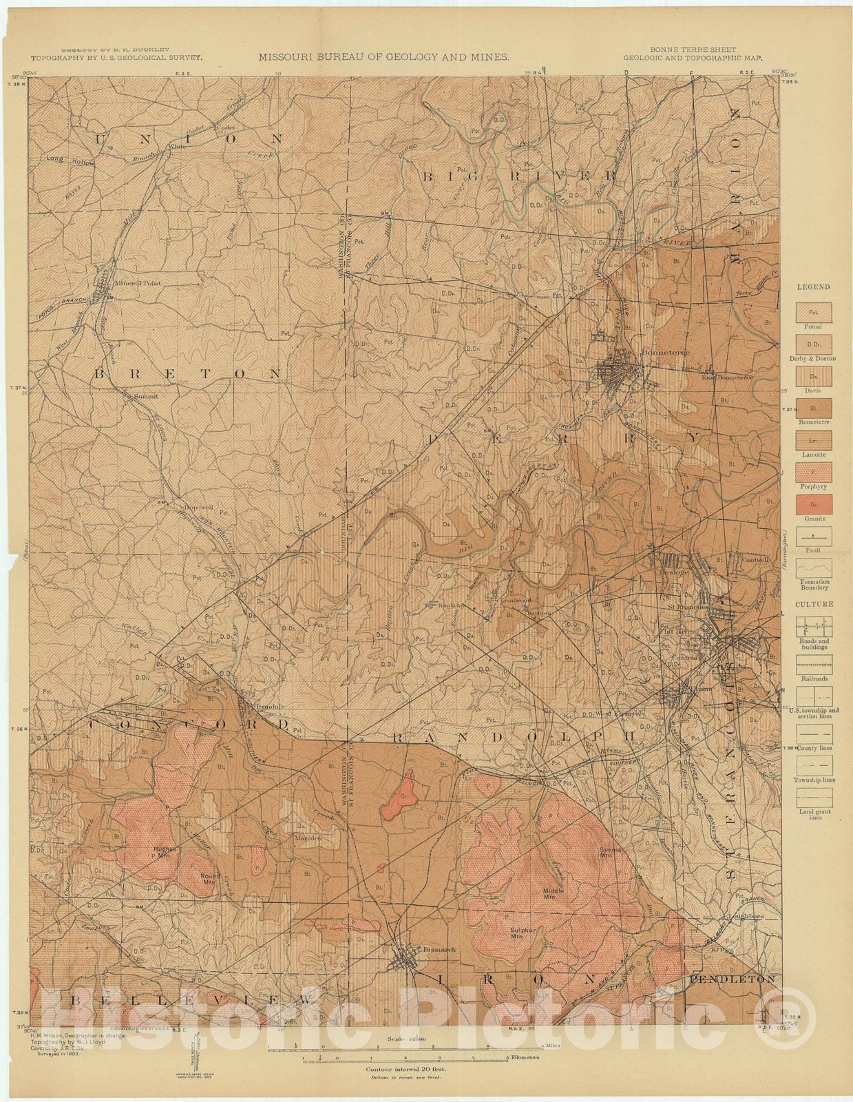 Map : Geologic and topographic map of the Bonne Terre sheet 15' quadrangle, Missouri, 1908 Cartography Wall Art :