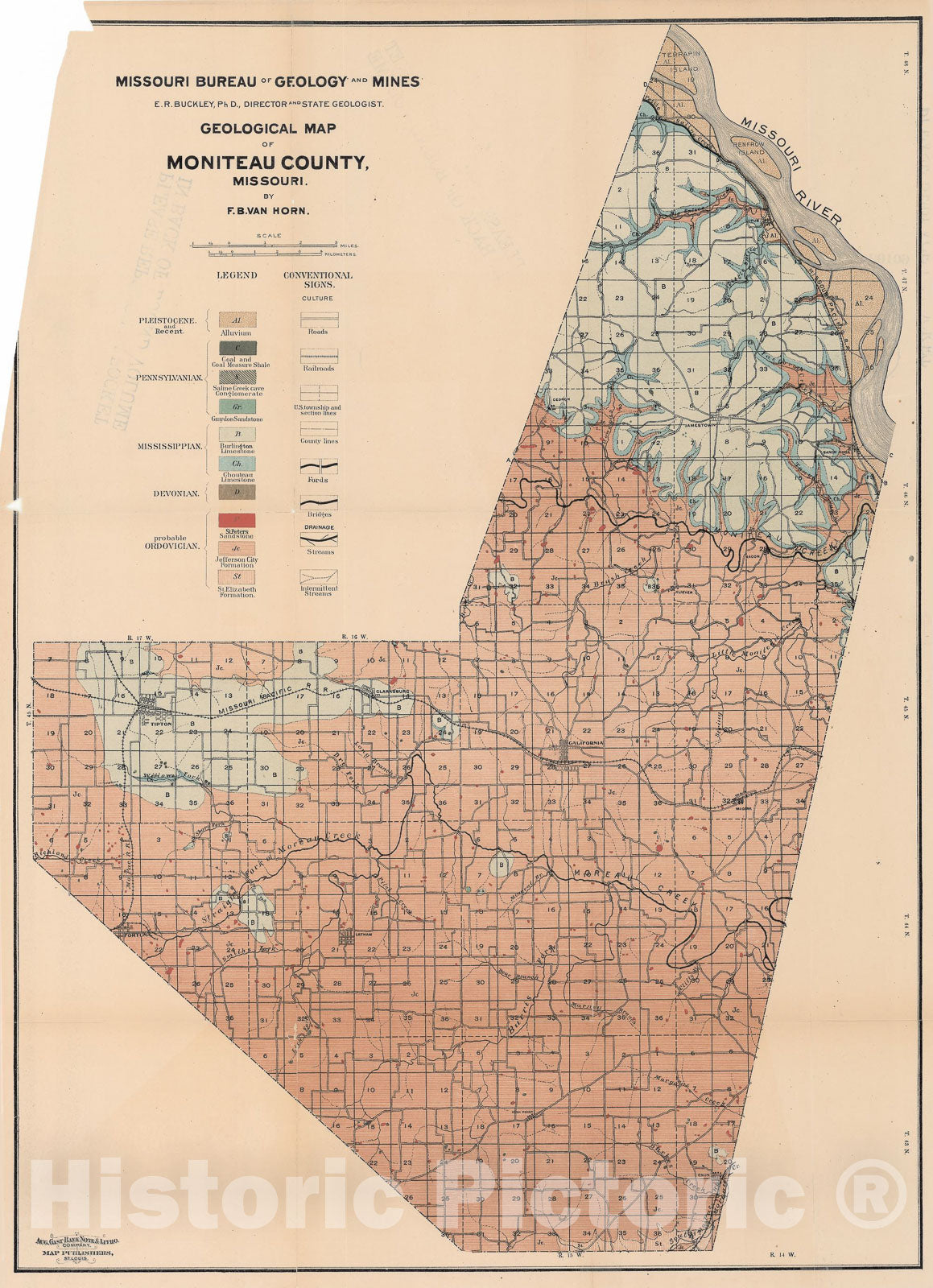 Map : The geology of Moniteau County, 1905 Cartography Wall Art :