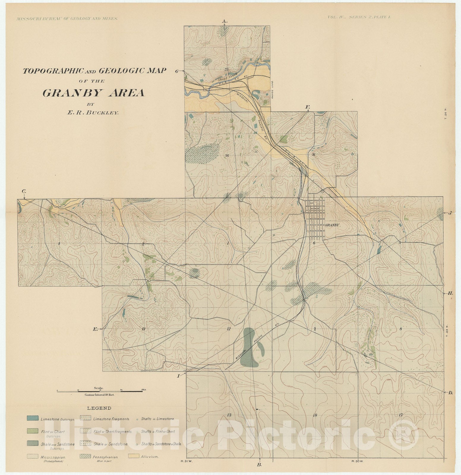 Map : Topographic and geologic map of the Granby area, Missouri, 1905 Cartography Wall Art :