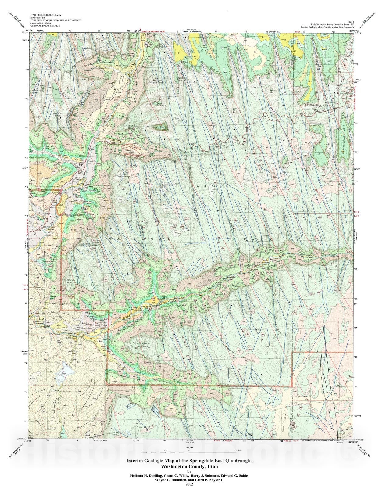 Map : Interim geologic map of Springdale East quadrangle, Washington County, Utah, 2002 Cartography Wall Art :