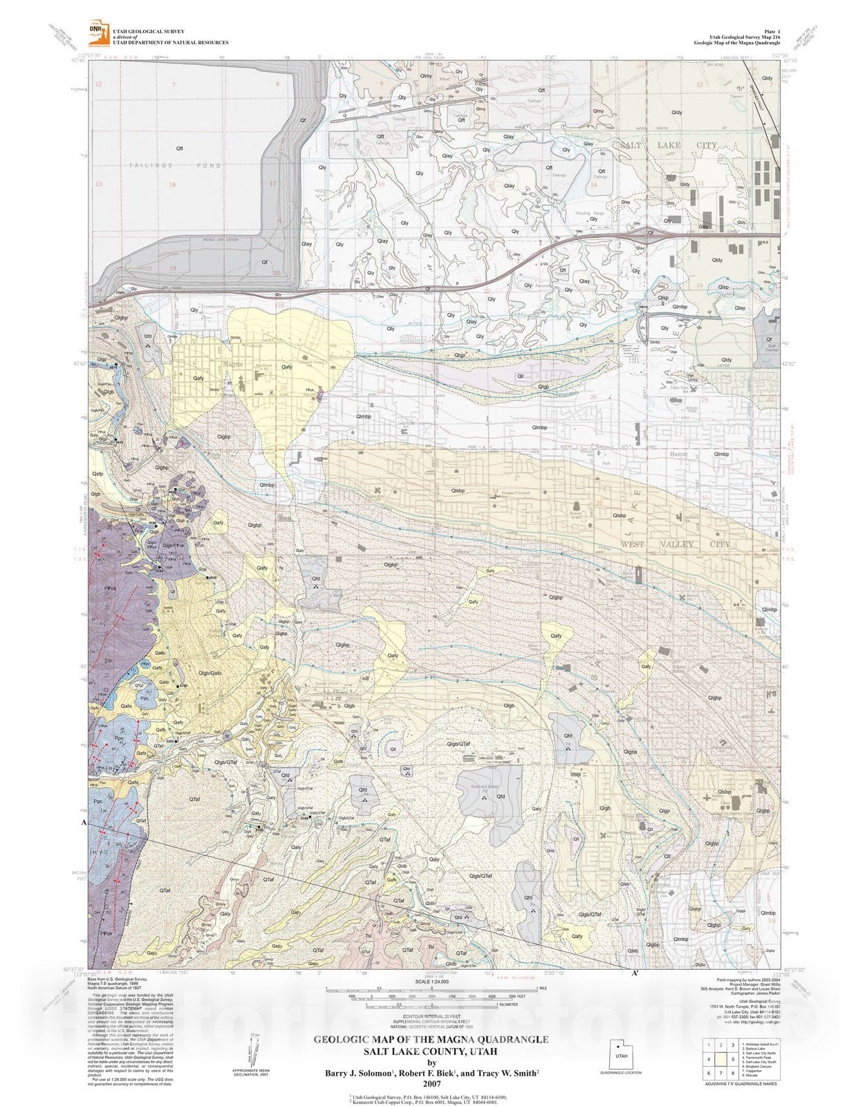 Map : Geologic map of the Magna quadrangle, Salt Lake County, Utah, 2007 Cartography Wall Art :