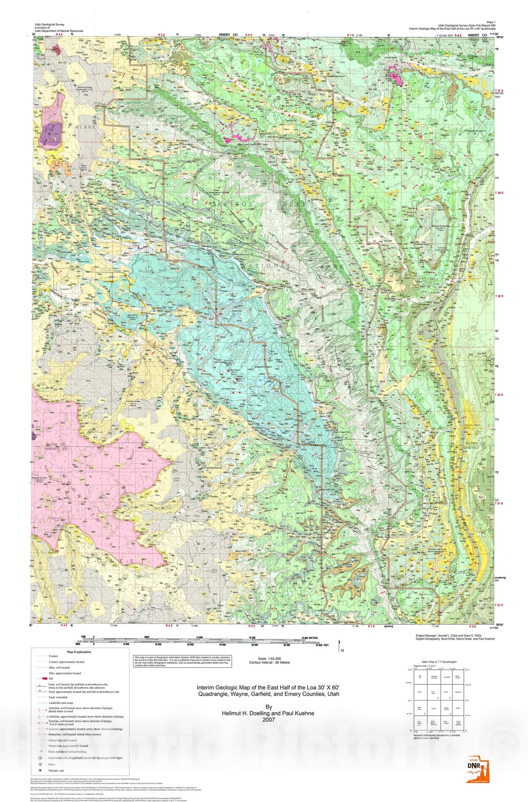 Map : Interim geologic map of the east half of the Loa 30' x 60' quadrangle, Wayne, Garfield, and Emery Counties, Utah, 2007 Cartography Wall Art :