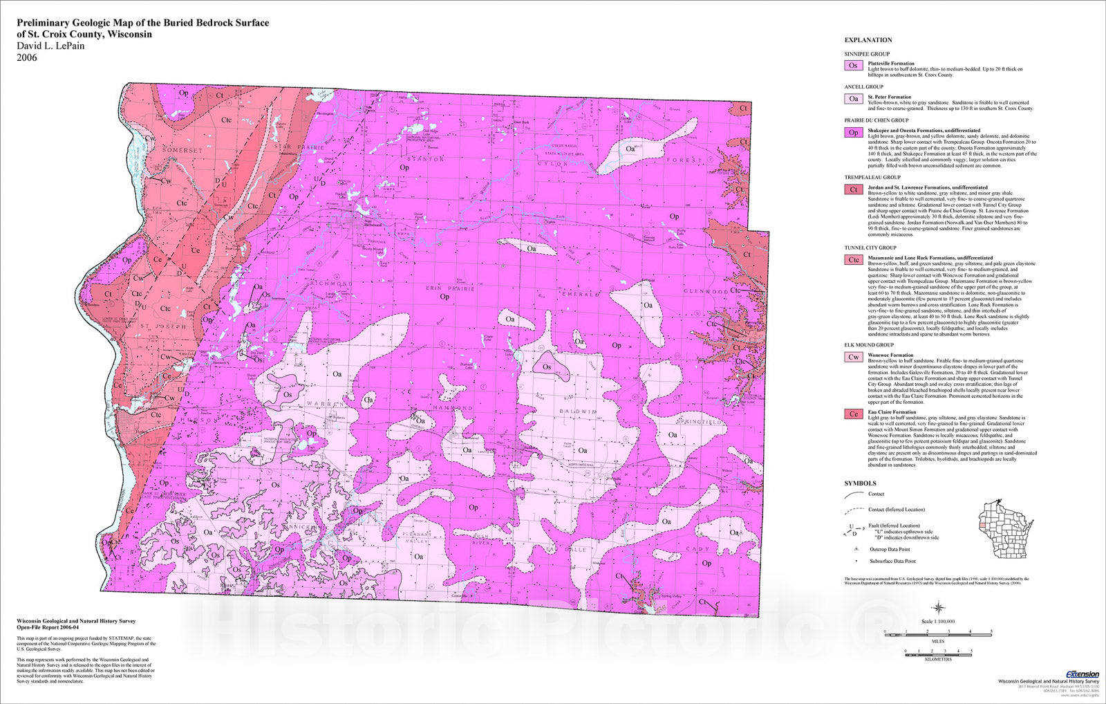 Map : Preliminary Geologic Map of the Buried Bedrock Surface of St. Croix Co., Wisconsin, 2006 Cartography Wall Art :