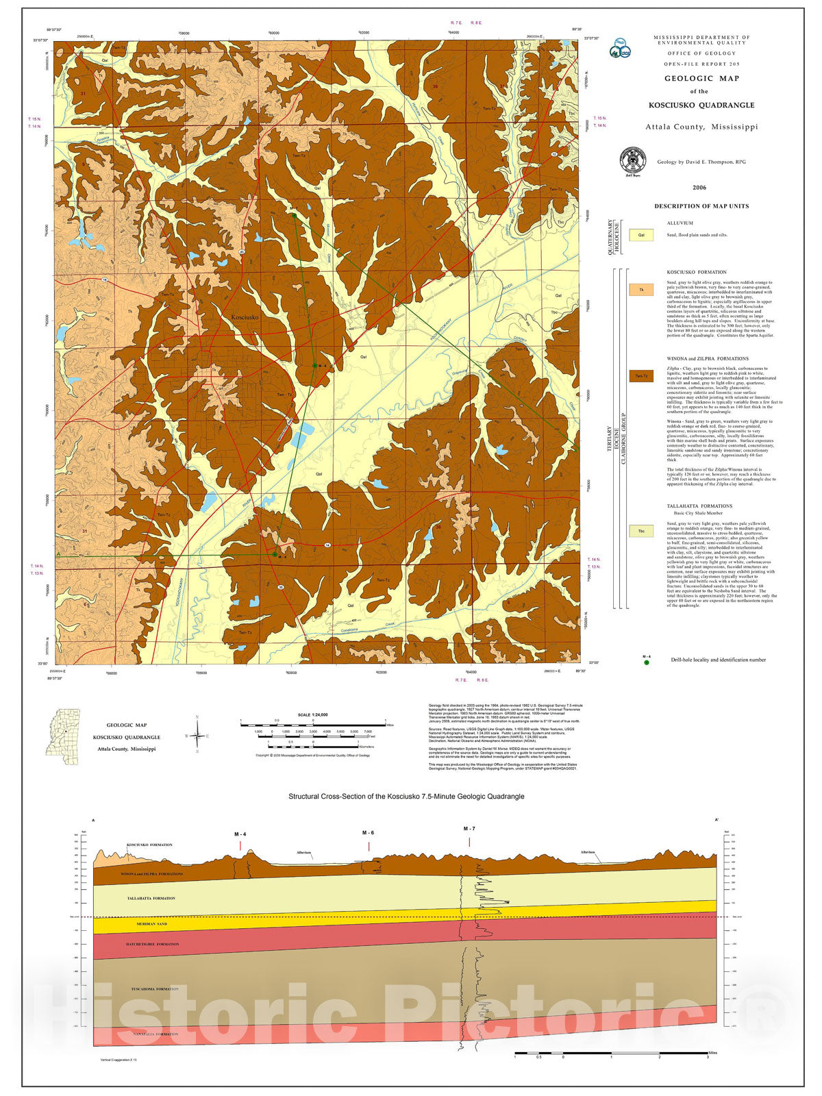 Map : Geologic map of the Kosciusko quadrangle, Attala County, Mississippi, 2006 Cartography Wall Art :