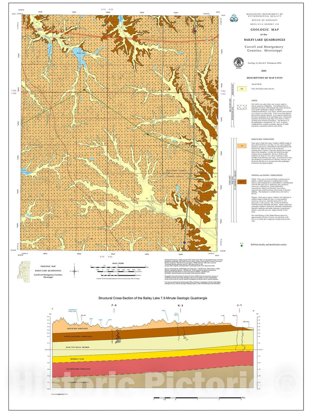Map : Geologic map of the Bailey Lake quadrangle, Carroll and Montgomery counties, Mississippi, 2005 Cartography Wall Art :