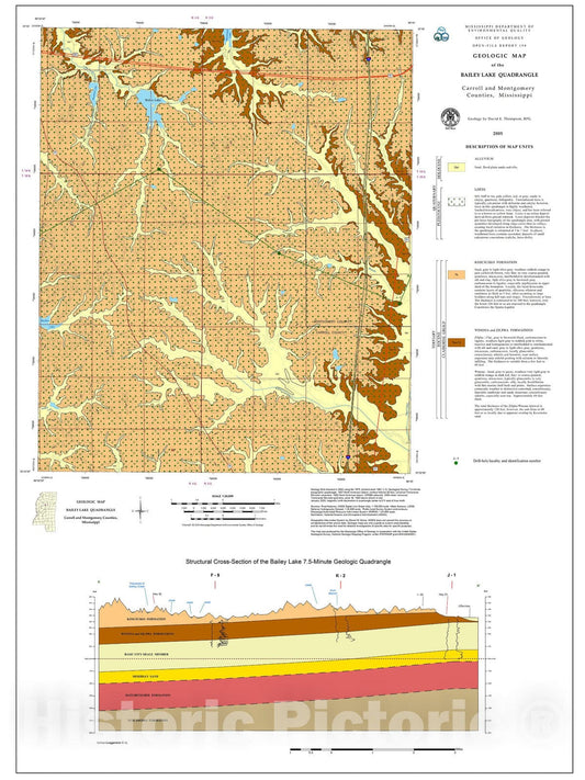 Map : Geologic map of the Bailey Lake quadrangle, Carroll and Montgomery counties, Mississippi, 2005 Cartography Wall Art :