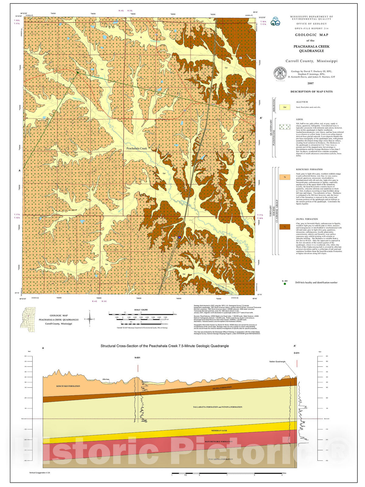 Map : Geologic map of the Peachahala Creek quadrangle, Carroll County, Mississippi, 2007 Cartography Wall Art :