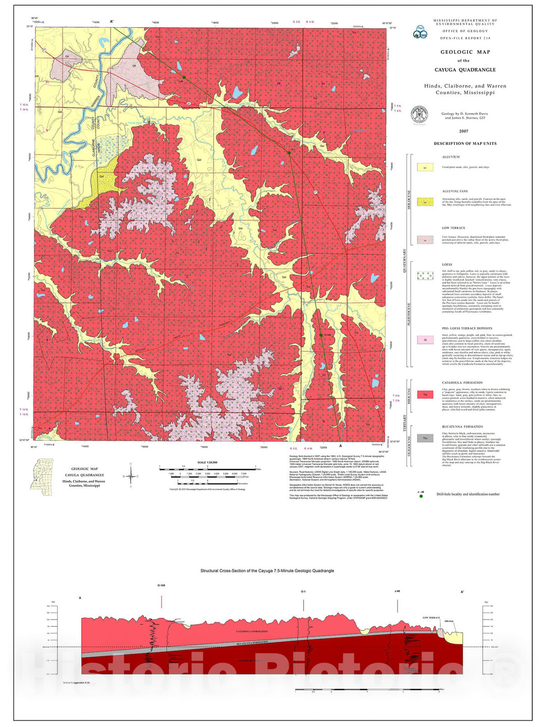 Map : Geologic map of the Cayuga quadrangle; Hinds, Claiborne, and Warren counties, Mississippi, 2007 Cartography Wall Art :
