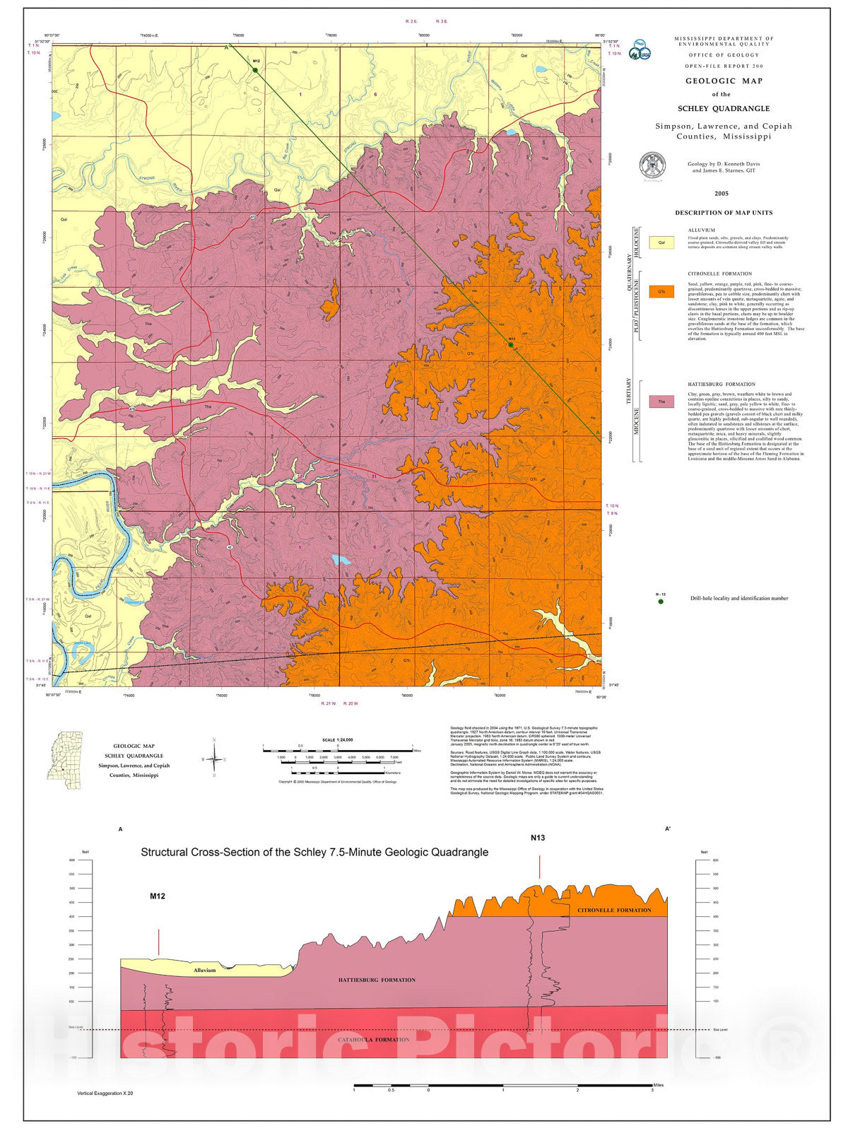 Map : Geologic map of the Schley quadrangle, Simpson, Lawrence, and Copiah counties, Mississippi, 2005 Cartography Wall Art :