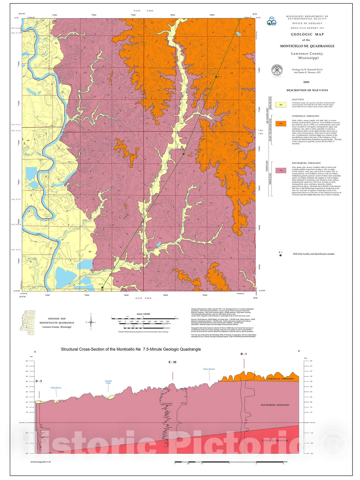 Map : Geologic map of the Monticello NE quadrangle, Lawrence County, Mississippi, 2005 Cartography Wall Art :