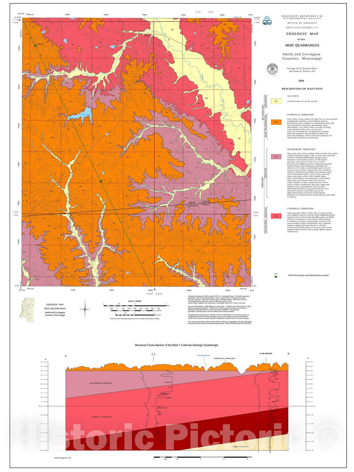 Map : Geologic map of the Mize quadrangle; Smith and Covington counties, Mississippi, 2006 Cartography Wall Art :
