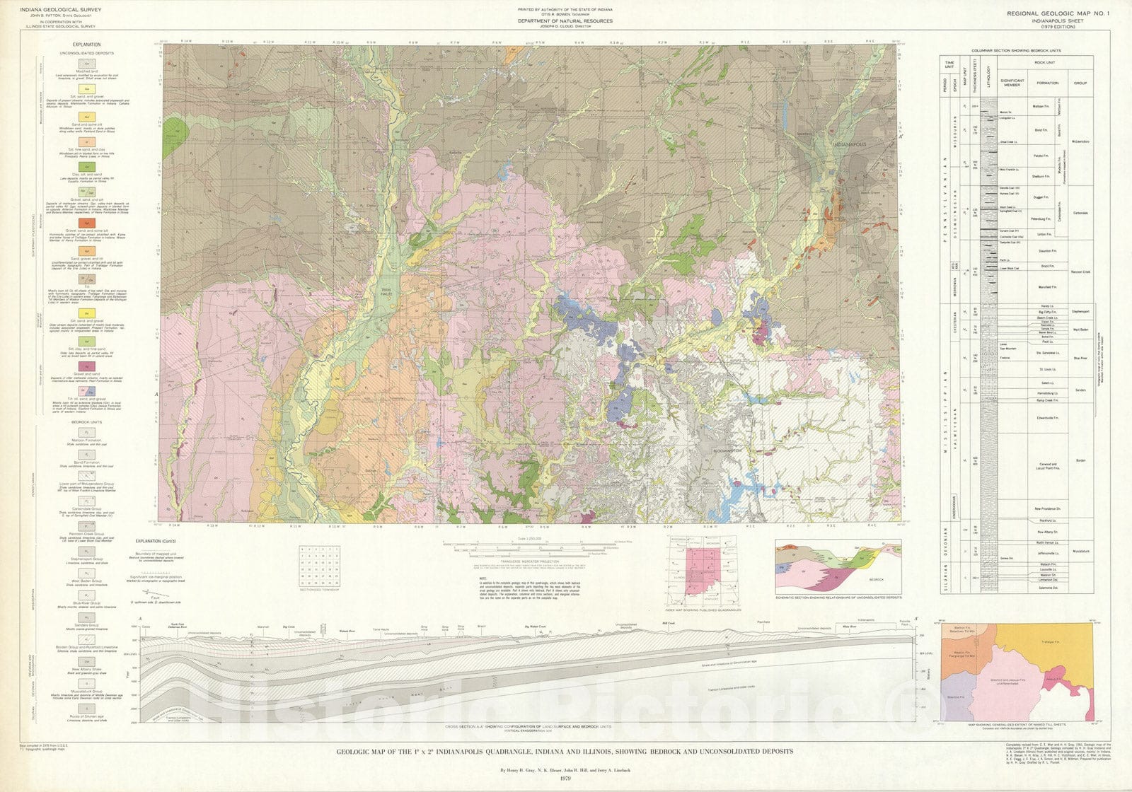 Map : Geologic map of the one degree x two degree Indianapolis quadrangle, Indiana and Illinois, showing bedrock and unconsolidated deposits, one979 Cartography Wall Art :