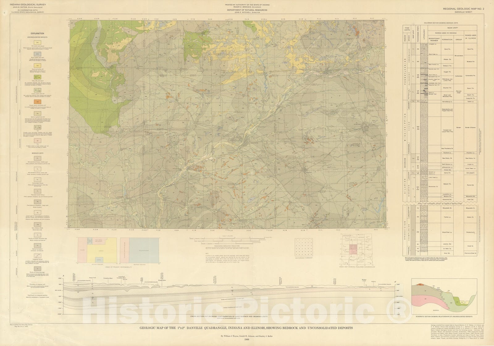 Map : Geologic map of the one degree x two degree Danville quadrangle, Indiana and Illinois, showing bedrock and unconsolidated deposits, one966 Cartography Wall Art :