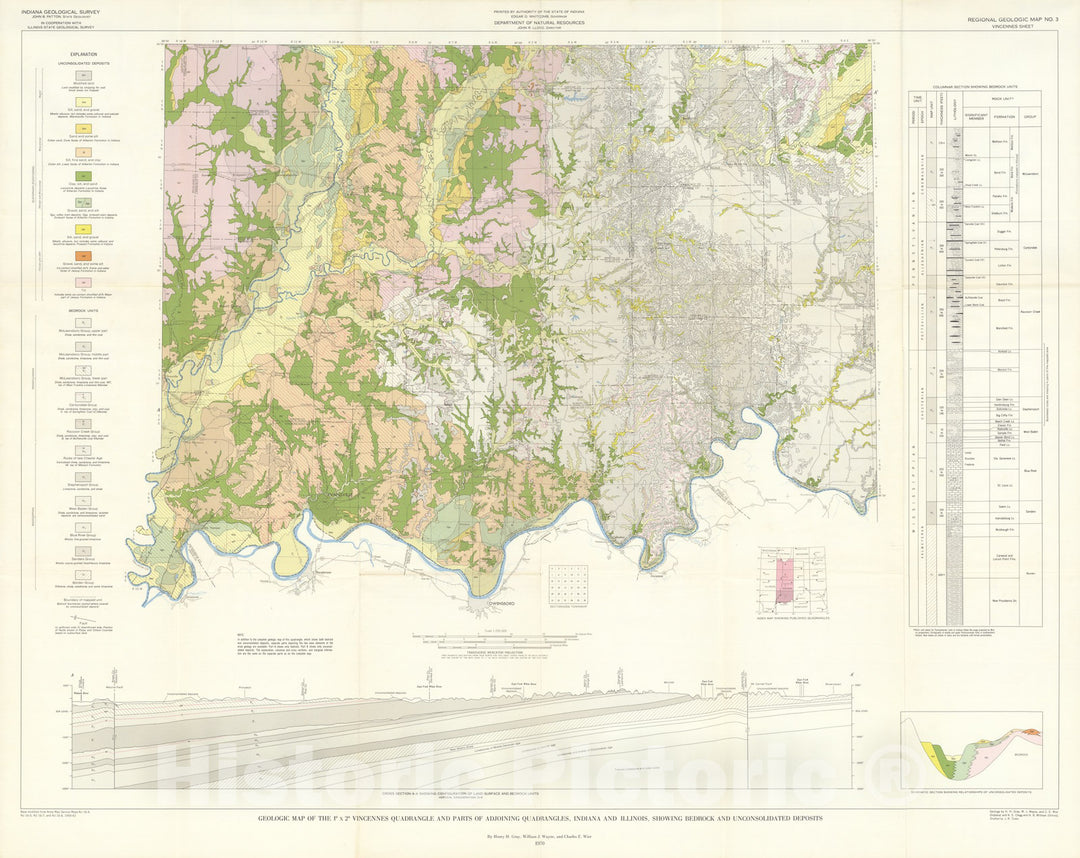 Map : Geologic map of the one degree x two degree Vincennes quadrangle and parts of adjoining quadrangle, Indiana and Illinois, one970 Cartography Wall Art :