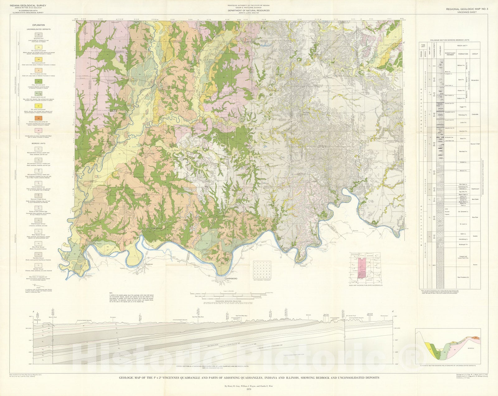 Map : Geologic map of the one degree x two degree Vincennes quadrangle and parts of adjoining quadrangle, Indiana and Illinois, one970 Cartography Wall Art :