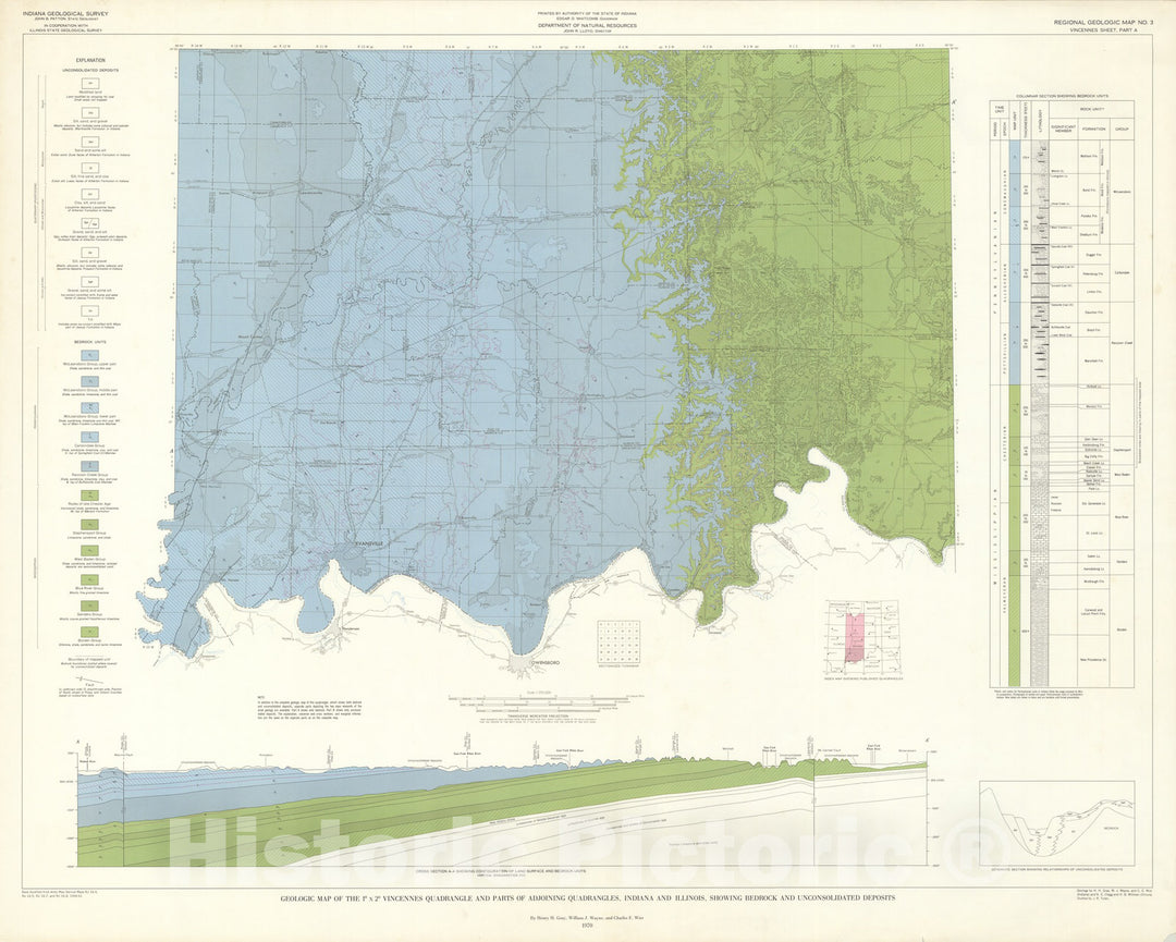Map : Geologic map of the one degree x two degree Vincennes quadrangle and parts of adjoining quadrangle, Indiana and Illinois, showing bedr, one970 Cartography Wall Art :