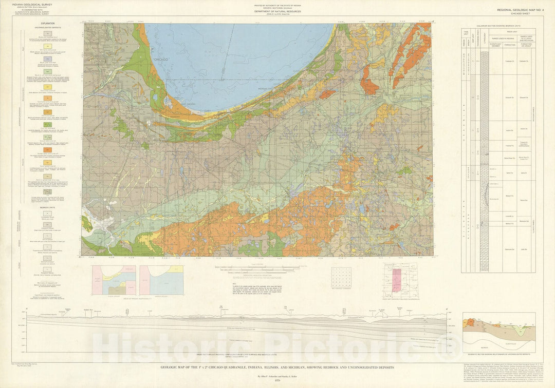Map : Geologic map of the one degree x two degree Chicago quadrangle, Indiana, Illinois, and Michigan, showing bedrock and unconsolidated deposits, one970 Cartography Wall Art :