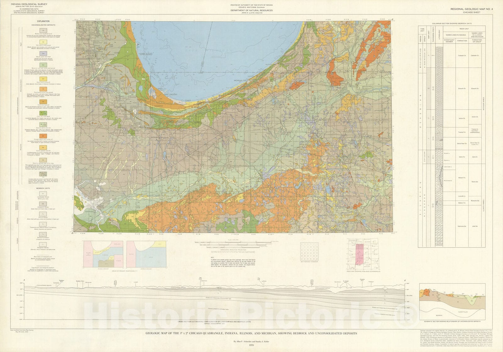 Map : Geologic map of the one degree x two degree Chicago quadrangle, Indiana, Illinois, and Michigan, showing bedrock and unconsolidated deposits, one970 Cartography Wall Art :