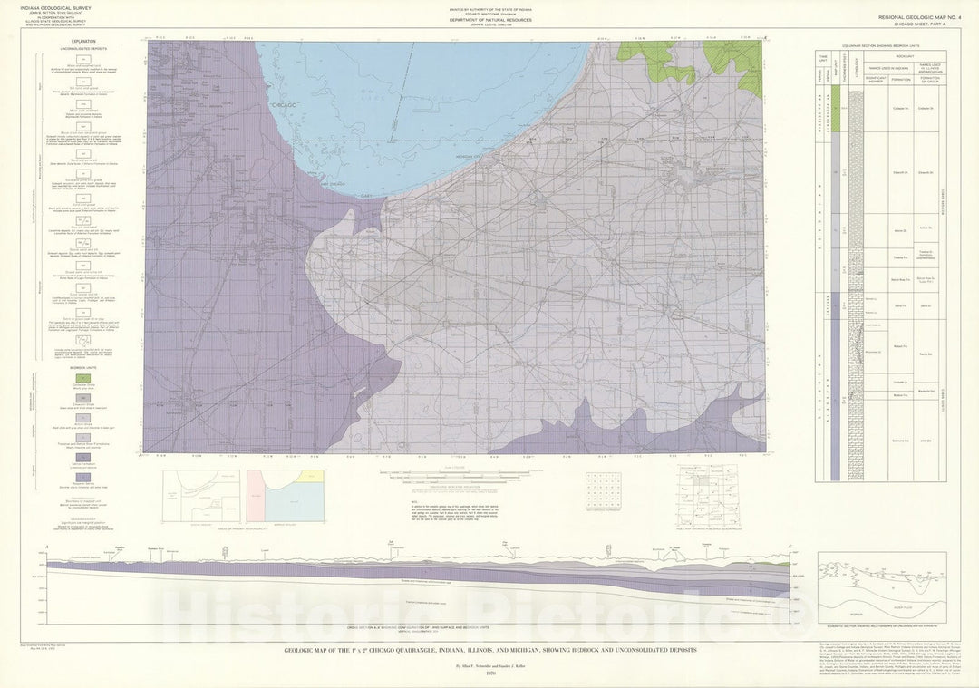 Map : Geologic map of the one degree x two degree Chicago quadrangle, Indiana, Illinois, and Michigan, showing bedrock, one970 Cartography Wall Art :