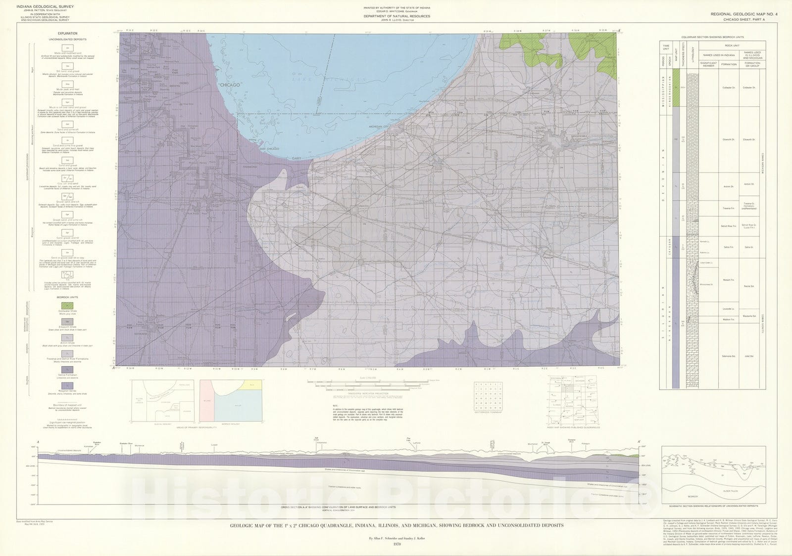Map : Geologic map of the one degree x two degree Chicago quadrangle, Indiana, Illinois, and Michigan, showing bedrock, one970 Cartography Wall Art :