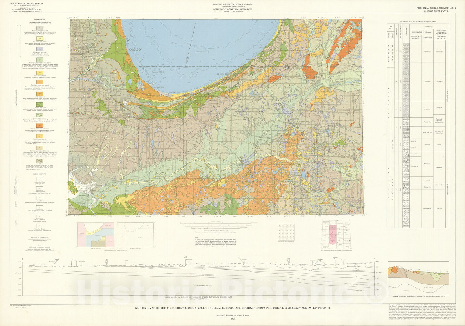 Map : Geologic map of the one degree x two degree Chicago quadrangle, Indiana, Illinois, and Michigan, showing bedrock and unconsolidated de, one970 Cartography Wall Art :