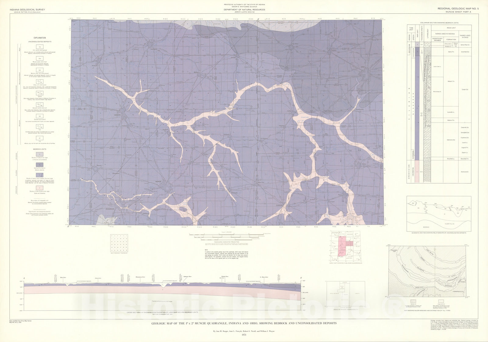 Map : Geologic map of the one degree x two degree Muncie quadrangle, Indiana and Ohio, showing bedrock and unconsolidated deposits [Part A - bedrock units only], one97one Cartography Wall Art :