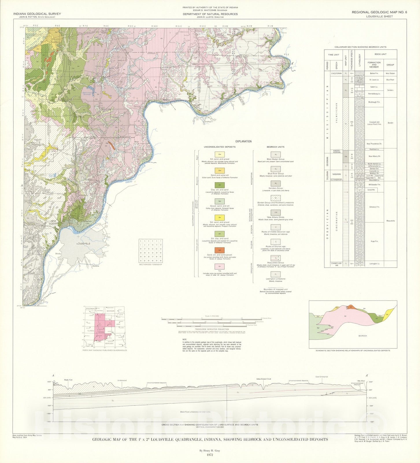Map : Geologic map of the one degree x two degree Louisville quadrangle, Indiana, showing bedrock and unconsolidated deposits, one97two Cartography Wall Art :