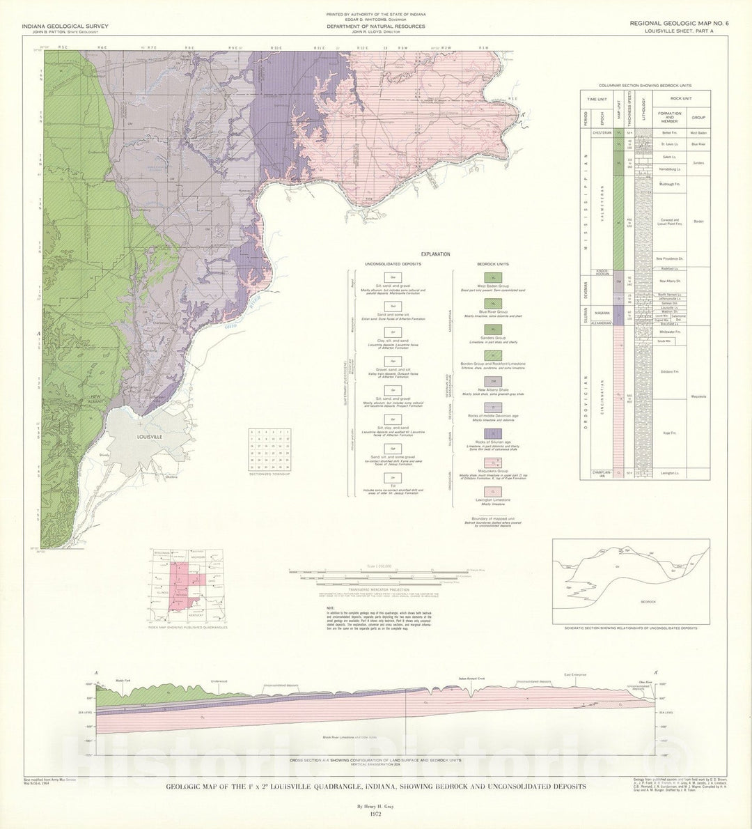 Map : Geologic map of the one degree x two degree Louisville quadrangle, Indiana, showing bedrock and unconsolidated deposits [Part A - bedrock units only], one97two Cartography Wall Art :