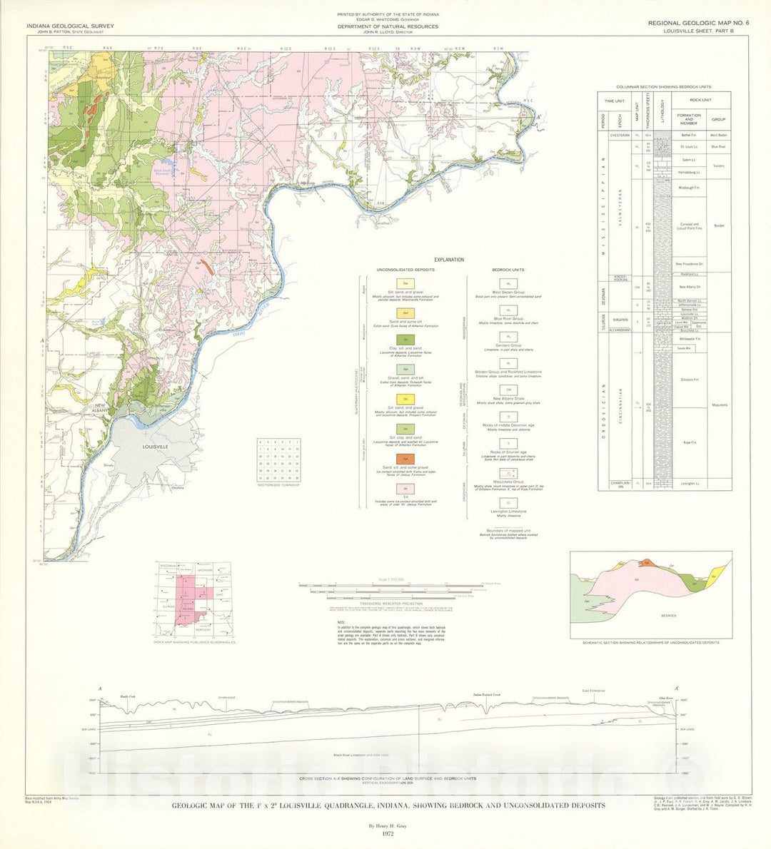 Map : Geologic map of the one degree x two degree Louisville quadrangle, Indiana, showing bedrock and unconsolidated deposits [Part B - unco, one97two Cartography Wall Art :