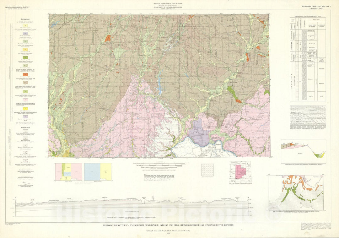 Map : Geologic map of the one degree x two degree Cincinnati quadrangle, Indiana and Ohio, showing bedrock and unconsolidated deposits, one97two Cartography Wall Art :