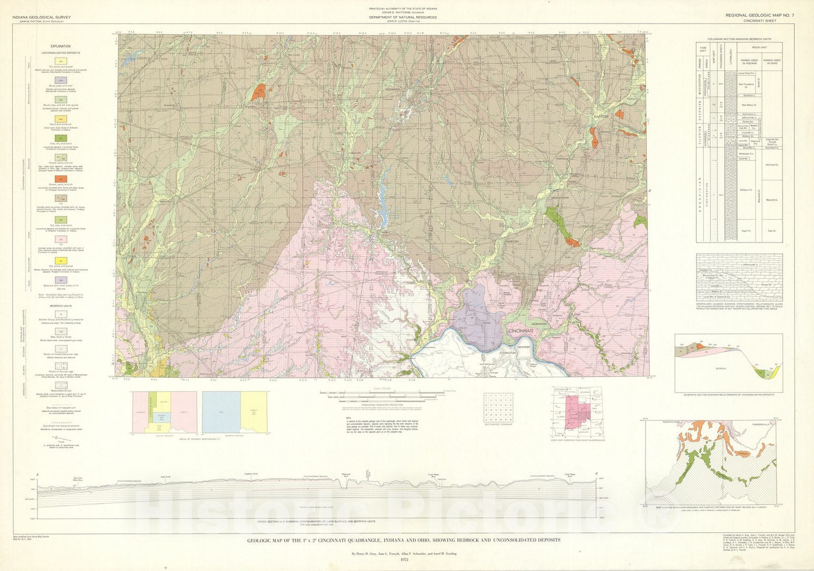 Map : Geologic map of the one degree x two degree Cincinnati quadrangle, Indiana and Ohio, showing bedrock and unconsolidated deposits, one97two Cartography Wall Art :