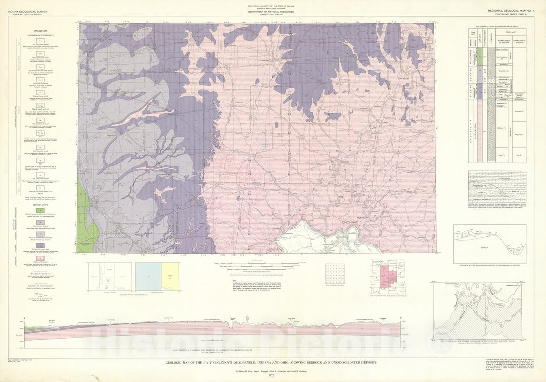 Map : Geologic map of the one degree x two degree Cincinnati quadrangle, Indiana and Ohio, showing bedrock and unconsolidated deposits , one97two Cartography Wall Art :