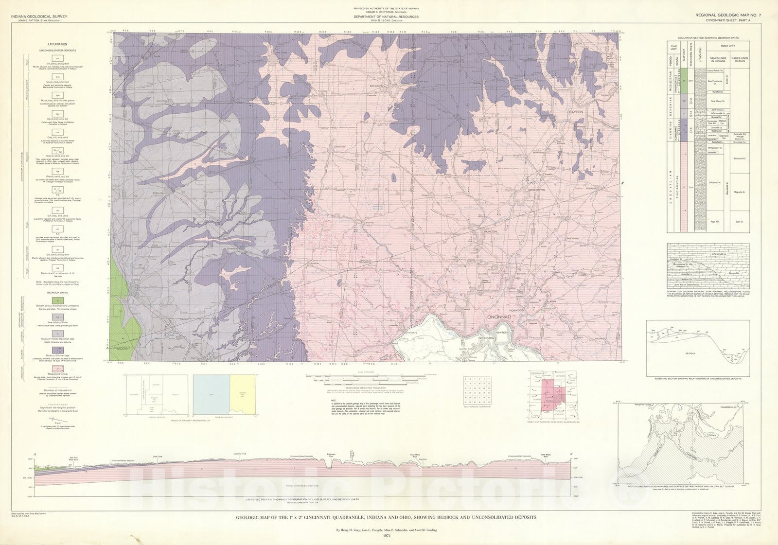 Map : Geologic map of the one degree x two degree Cincinnati quadrangle, Indiana and Ohio, showing bedrock and unconsolidated deposits , one97two Cartography Wall Art :