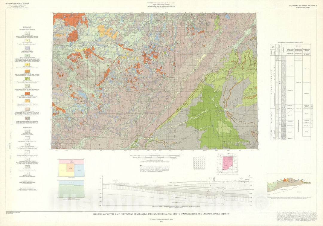 Map : Geologic map of the one degree x two degree Fort Wayne quadrangle, Indiana, Michigan, and Ohio, showing bedrock and unconsolidated deposits, one97two Cartography Wall Art :