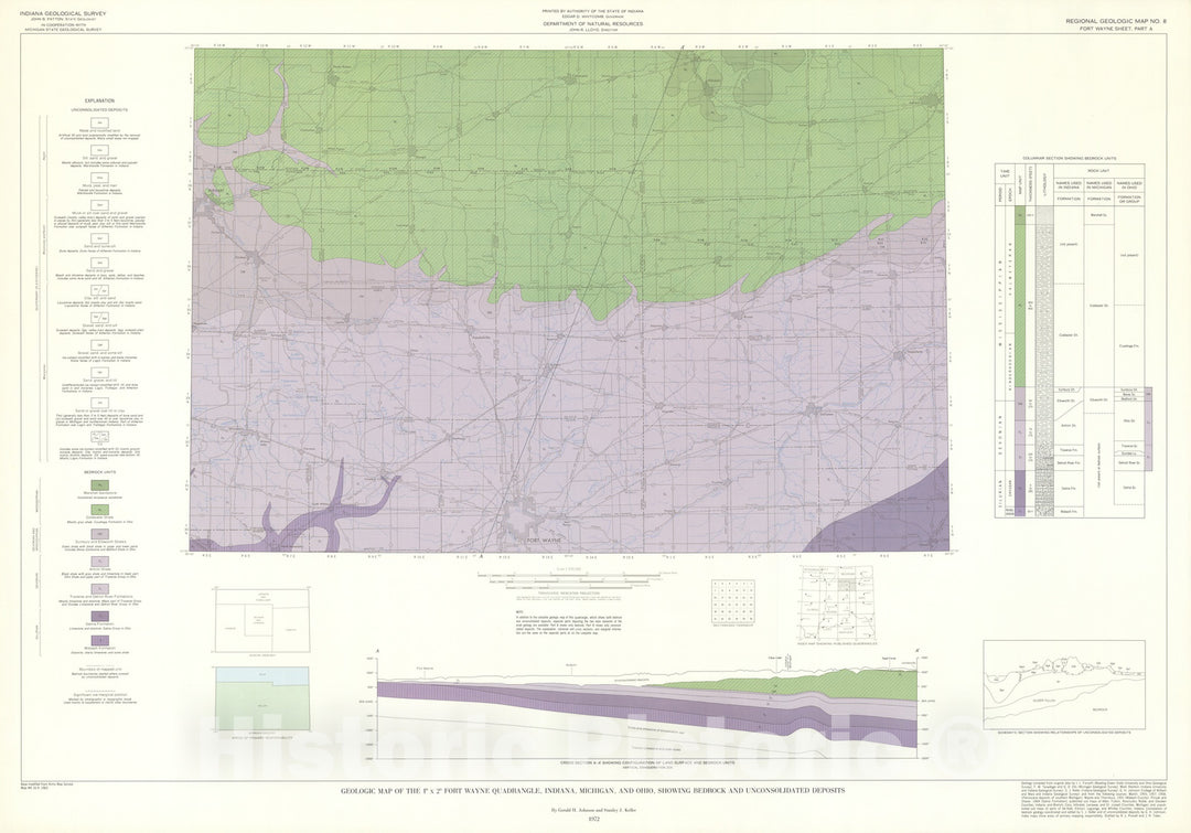 Map : Geologic map of the one degree x two degree Fort Wayne quadrangle, Indiana, Michigan, and Ohio, showing bedrock, one97two Cartography Wall Art :
