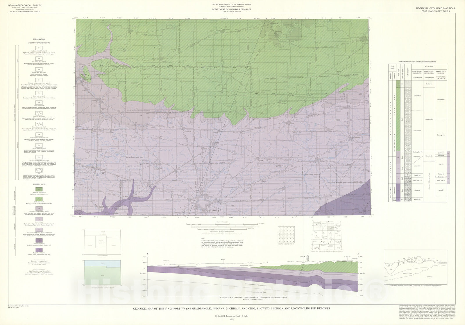 Map : Geologic map of the one degree x two degree Fort Wayne quadrangle, Indiana, Michigan, and Ohio, showing bedrock, one97two Cartography Wall Art :