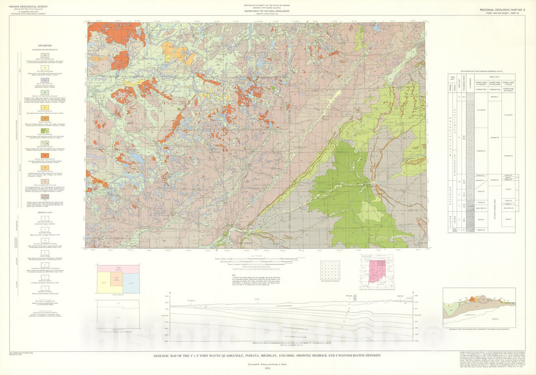 Map : Geologic map of the one degree x two degree Fort Wayne quadrangle, Indiana, Michigan, and Ohio, showing bedrock and unconsolidated dep, one97two Cartography Wall Art :